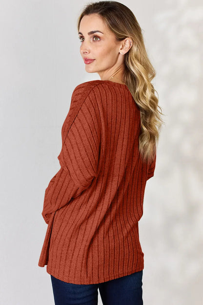Basic Bae Full Size Ribbed Half Button Long Sleeve T-Shirt New Era Fashion LLc