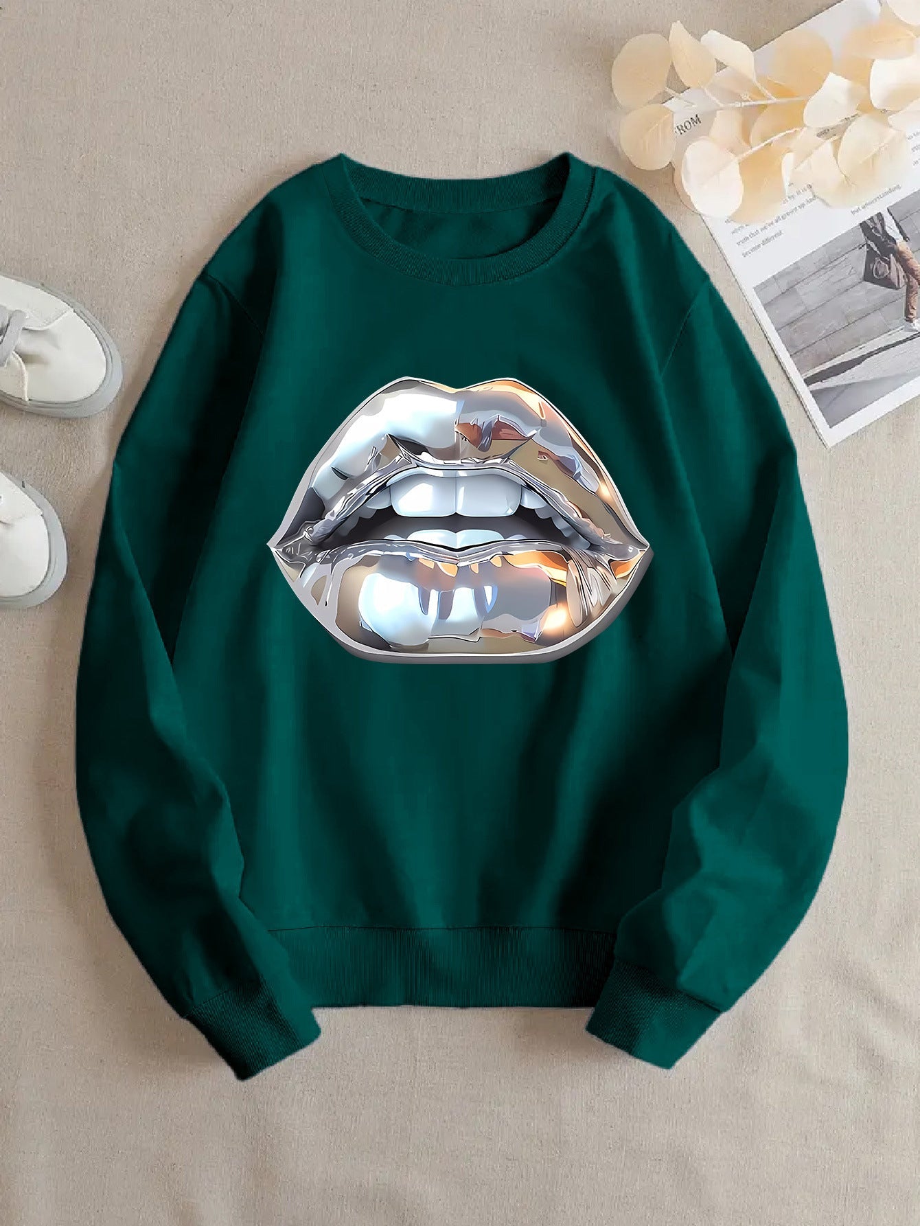 Womens Cartoon Silver Lip-Printed Sweatshirt See size chart under “more details” The Fashion Celestial