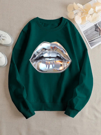 Womens Cartoon Silver Lip-Printed Sweatshirt See size chart under “more details” The Fashion Celestial