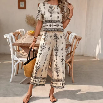 Women's Ethnic Print Contrast Two-Piece Set – Top & Straight-Leg Pants FitiqueFit