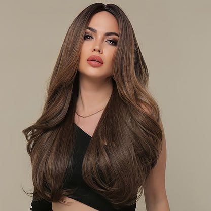Long Wavy Brown Wig - Natural Style Synthetic Wig with Bangs and Curly Hair for Women NovaCart