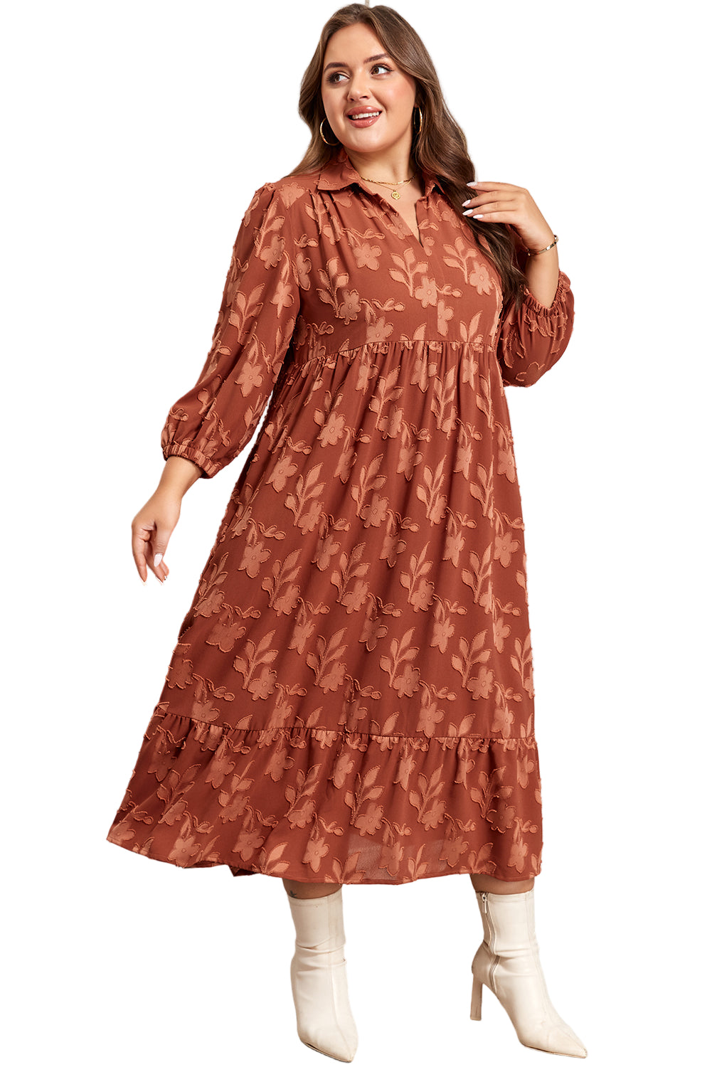 Cinnamon Plus Size Textured 3D Flower Pattern Ruffle Hem 3/4 Sleeve Long Dress Garden Naked Curves