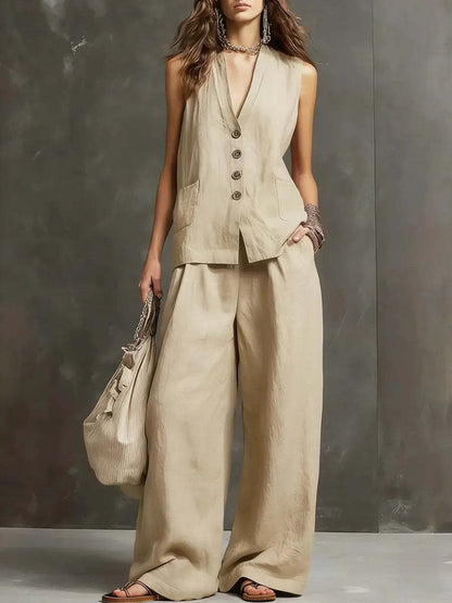 Women's Sleeveless Vest & Wide-Leg Pants Two-Piece Set – 10 Colors XS–3XL FitiqueFit