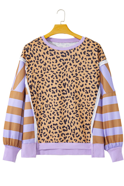 Purple Leopard Striped Patchwork Plus Size Loose Sweatshirt Garden Naked Curves