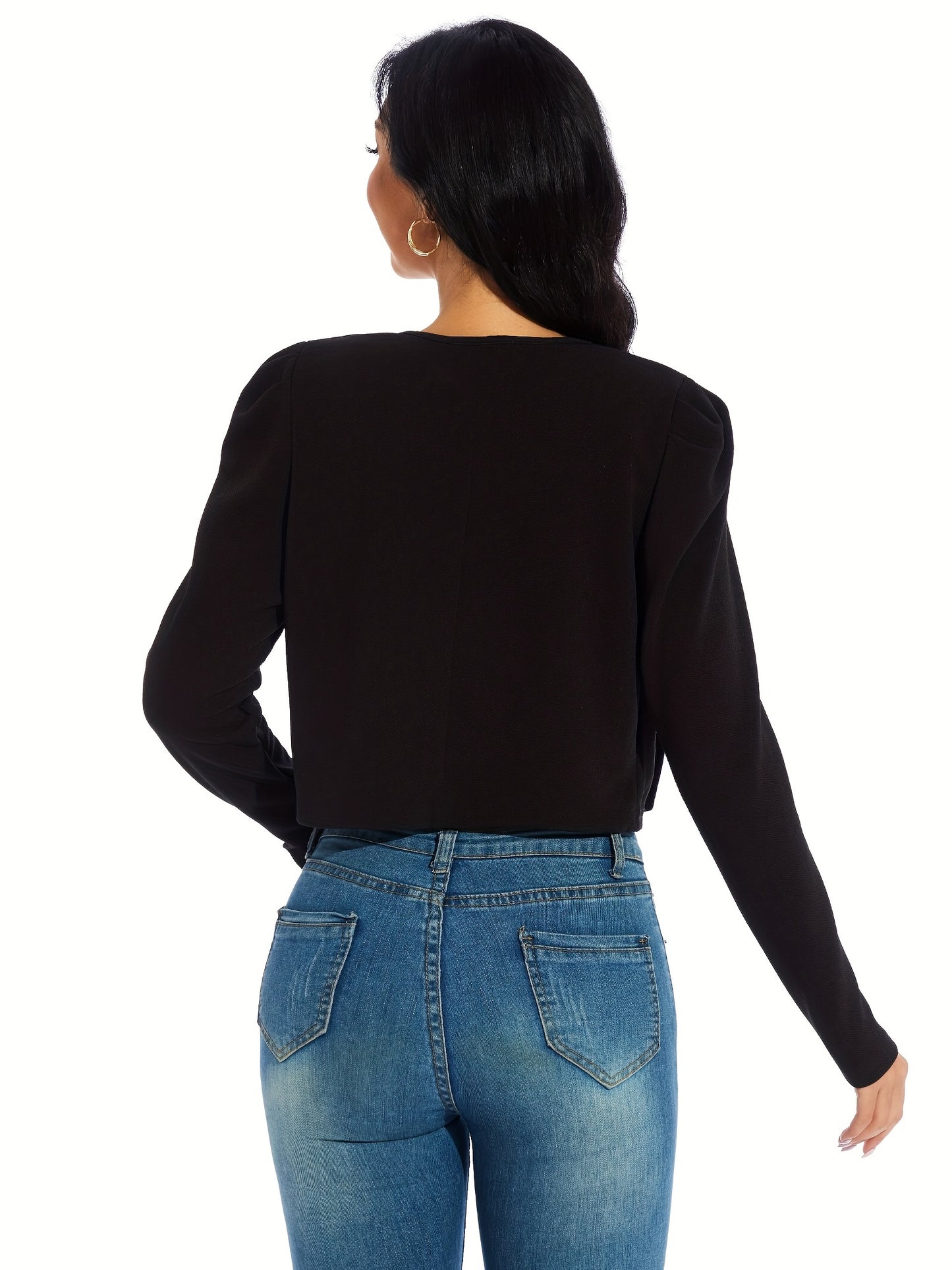 Gigot Sleeve Open Front Crop Jacket, Solid Casual Short Jacket, Women's Clothing NovaCart