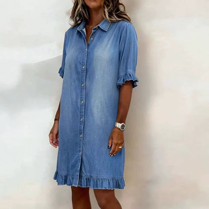 Women's Faux Denim Ruffle-Sleeve Shirt Dress FitiqueFit
