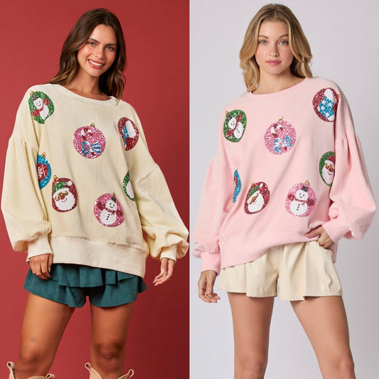 Women’s Christmas Egg Sequined Long-Sleeve Loose Sweatshirt FitiqueFit