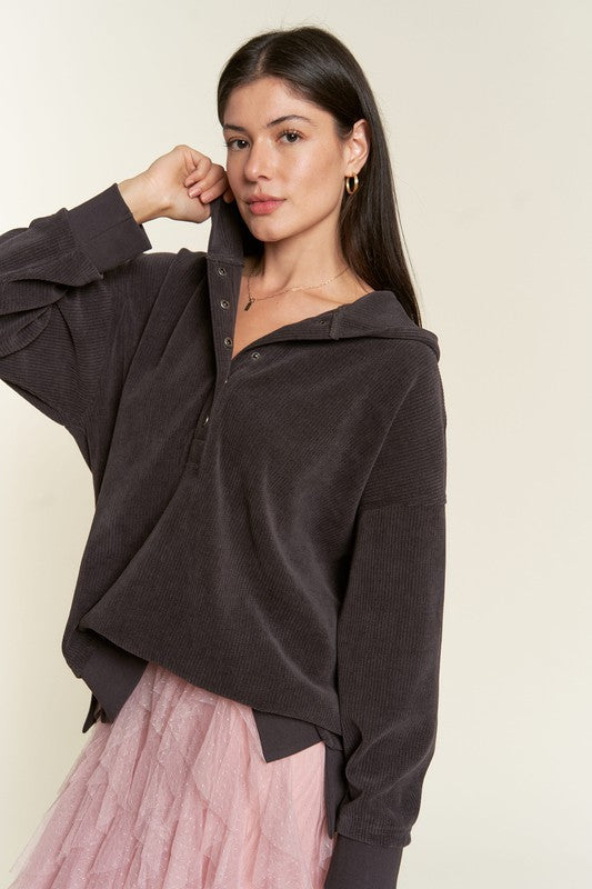 Long Sleeve Button Down Ribbed Hooded Sweatshirt Shop Style & More | Fresh Looks, Everyday Deals & Free Shipping