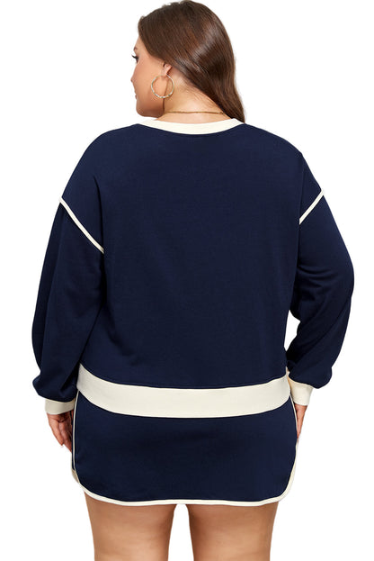 Navy Blue Plus Color Block Drop Shoulder Top and Lace-up Skirt Outfit Garden Naked Curves