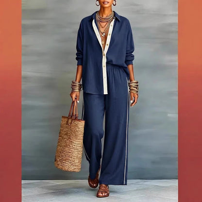 Contrast-Color Long-Sleeve Shirt & Pants Set – Two-Piece FitiqueFit