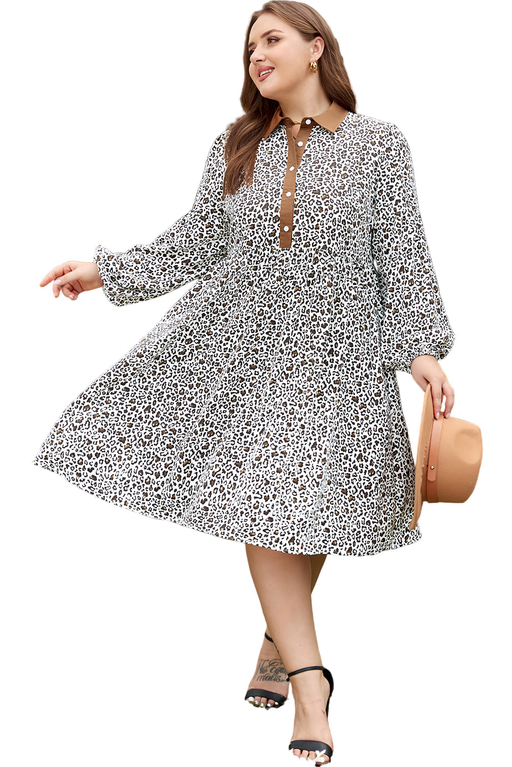 Khaki Plus Size Button V Neck Leopard Print Puff Sleeve Loose Mini Dress Garden Naked Curves