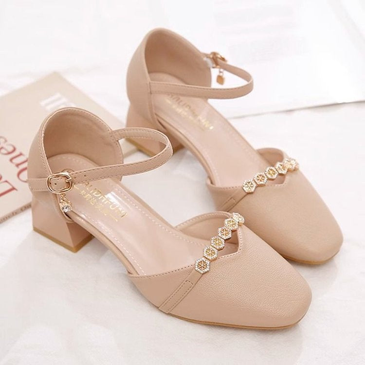 Women's Mid-Heel Slingback Pumps – Square Toe Buckle Strap FitiqueFit