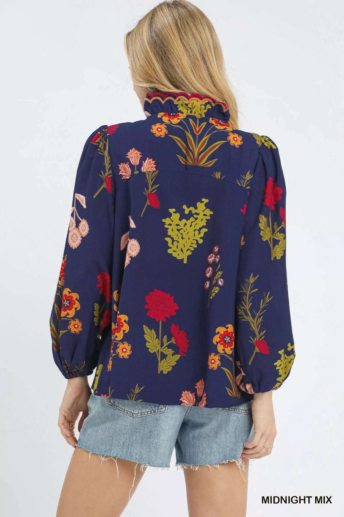 Umgee Flower Print Blouse with Scalloped Neckline FitiqueFit