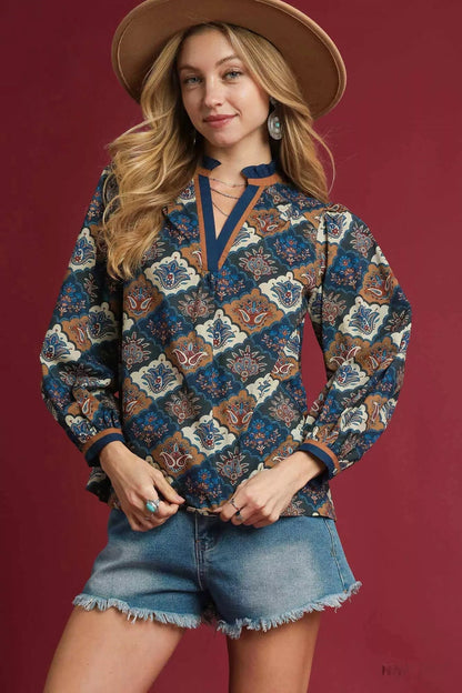 Umgee Abstract Print Ruffle Neck Top West2East Surf