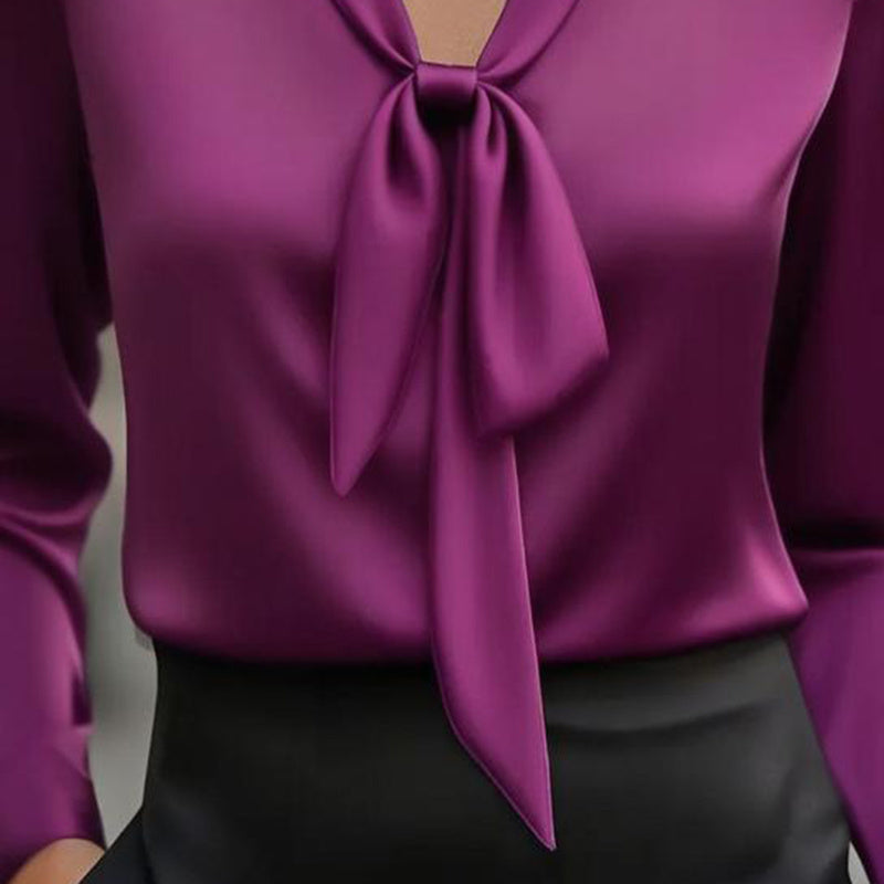 Elegant Satin Ribbon Blouse — Long Sleeve Button-Down Work Shirt FitiqueFit