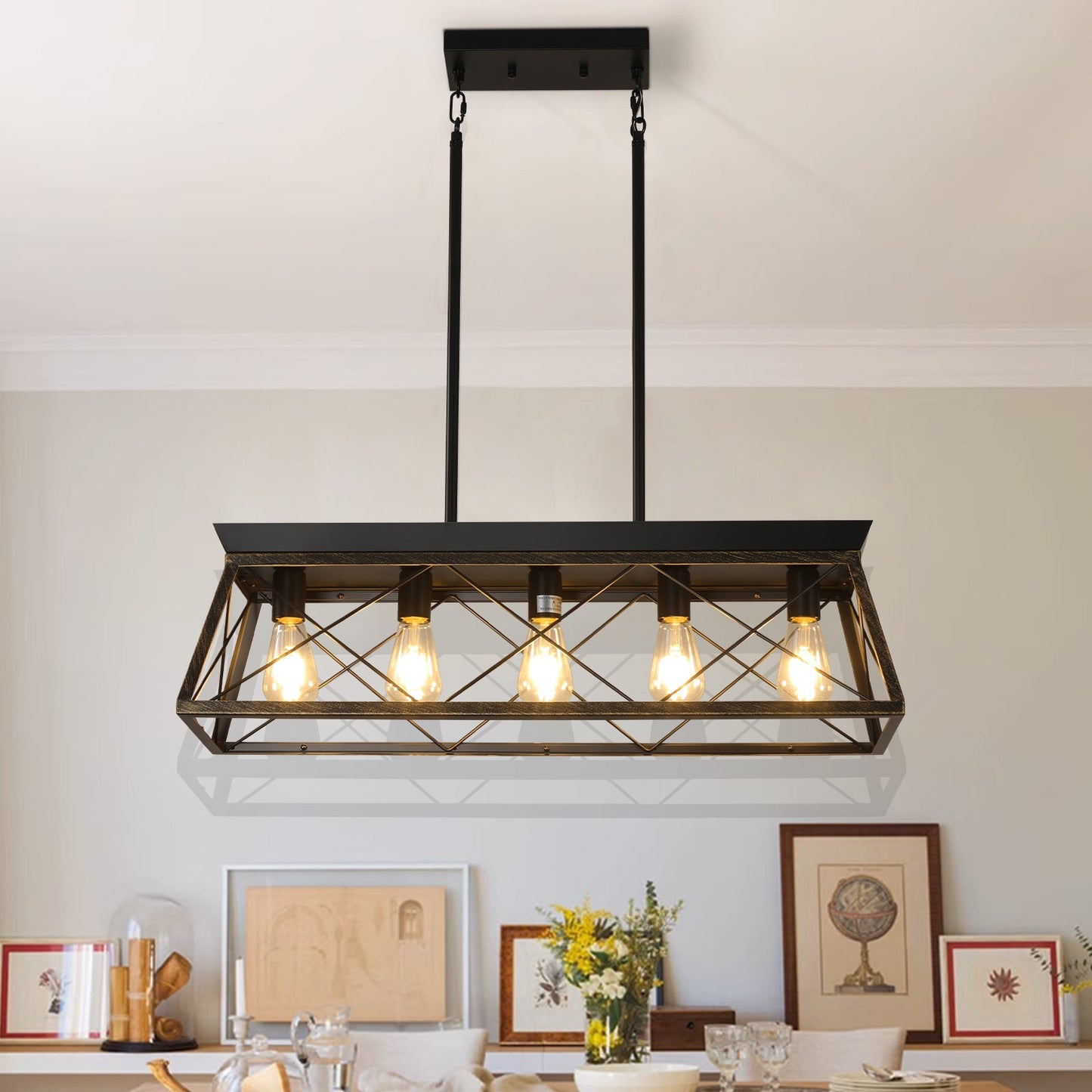 5-Light Farmhouse Chandeliers for Dining Room Metal Rustic Pendant Island Light  Modern Rectangular Island Lights (No Bulbs)