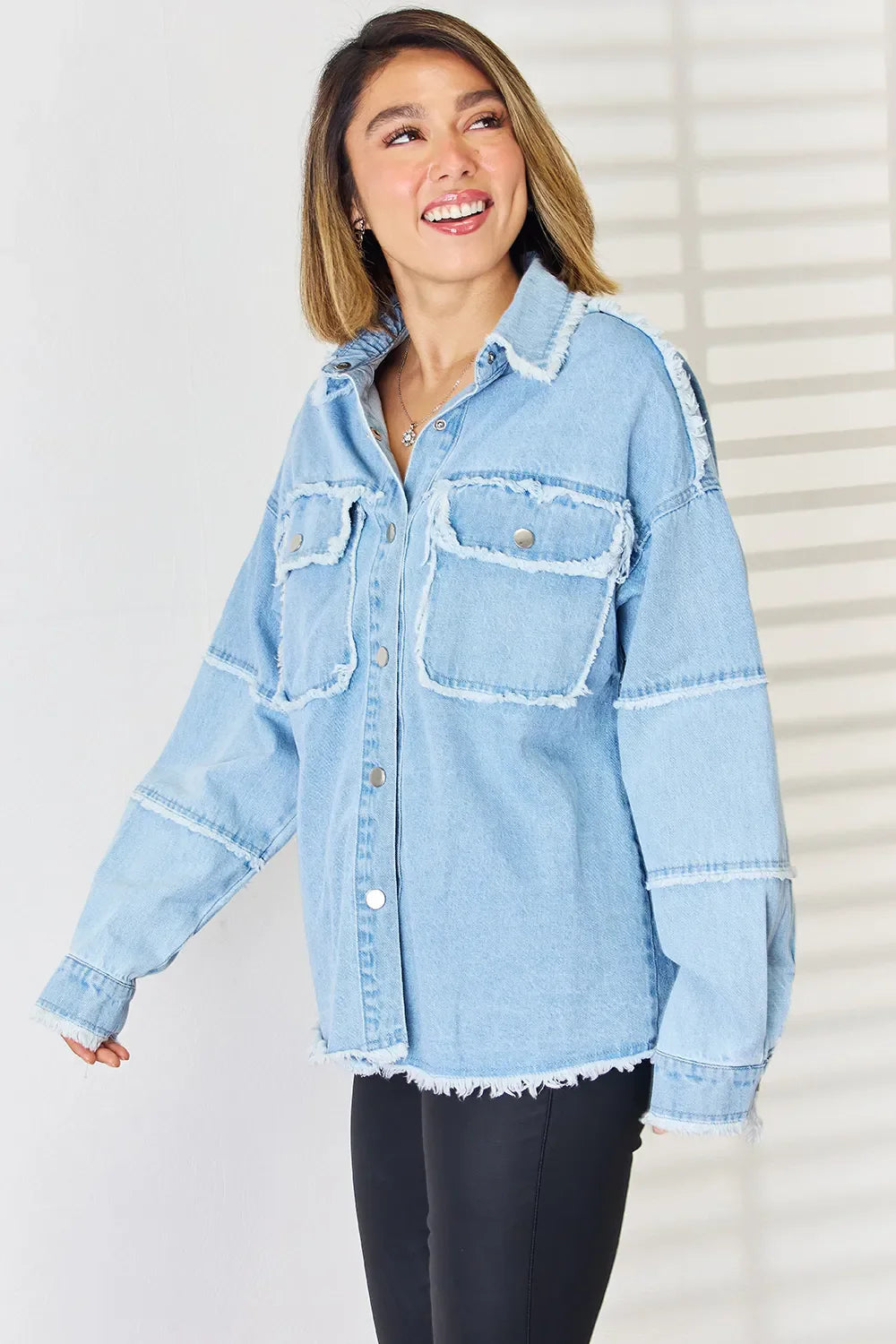 PEACE Raw Hem Dropped Shoulder Denim Top New Era Fashion LLc