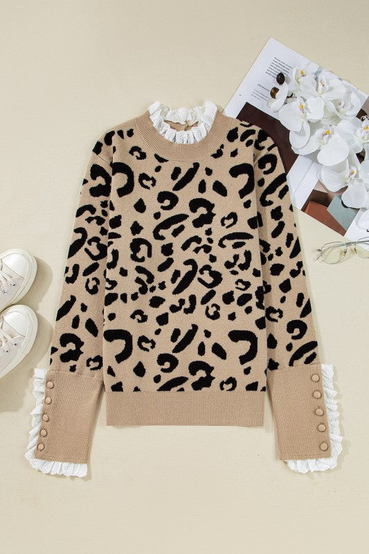 Leopard Lace Ribbed Trim Buttoned Cuff Sweater Shop Style & More | Fresh Looks, Everyday Deals & Free Shipping