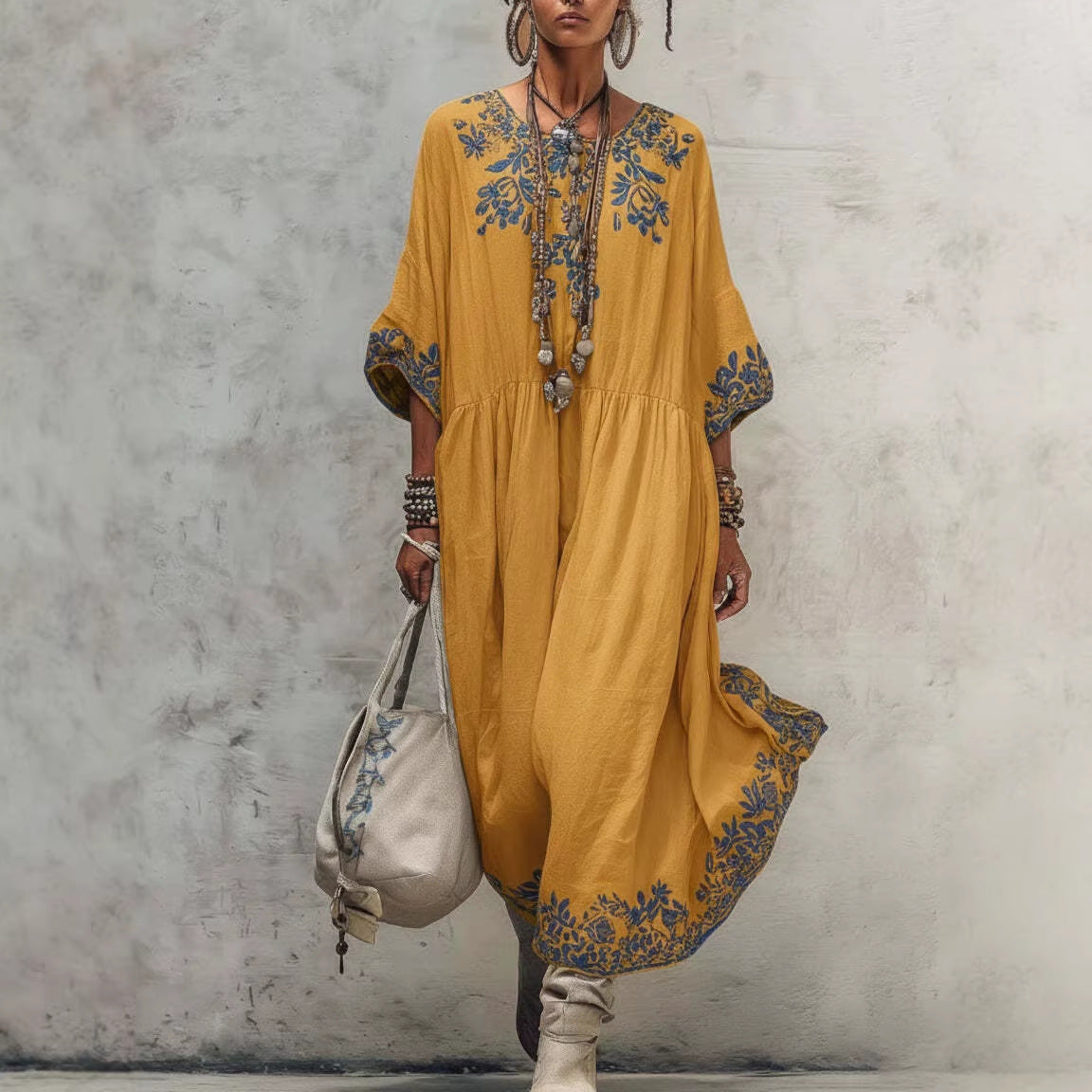 Women's Printed Batwing Sleeve Midi Dress – Loose Fit Linen Blend FitiqueFit