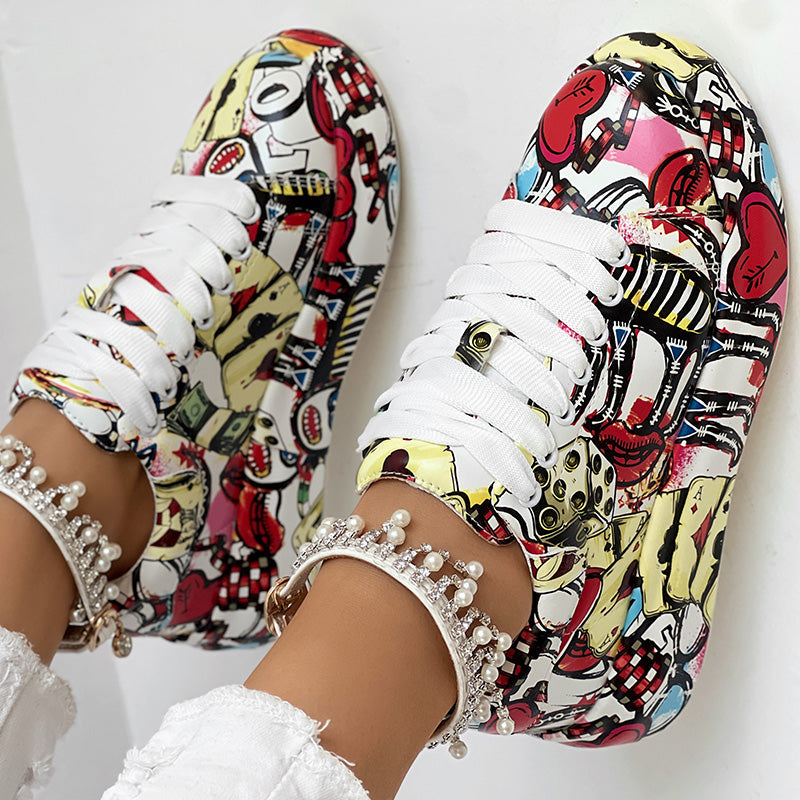 Women's Casual Round Toe Thick Sole Lace-Up Sneakers, Random Print Design, Comfortable Sporty Shoes For Daily Wear See size chart under “more details” The Fashion Celestial