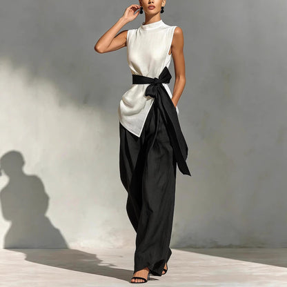 Women's Lace-Up Sleeveless Top & Wide-Leg Pants Two-Piece Set – White FitiqueFit