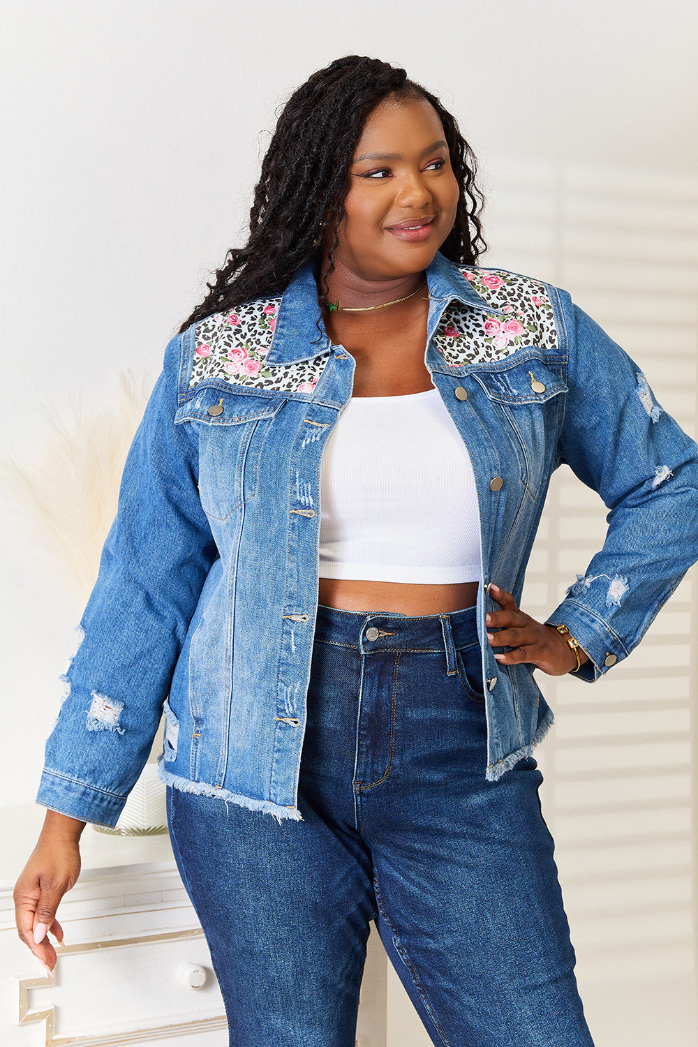 Baeful Leopard Floral Distressed Raw Hem Denim Jacket New Era Fashion LLc