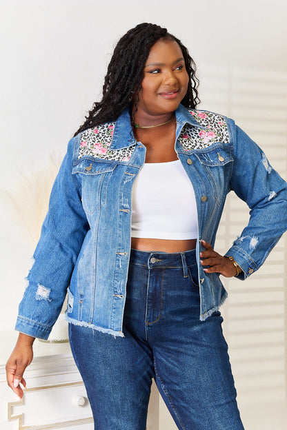 Baeful Leopard Floral Distressed Raw Hem Denim Jacket New Era Fashion LLc