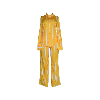 Women's Striped Print Two-piece Set - Button Front Collar Long Sleeve Shirt & High Waist Wide Leg Loose Pants Set - Casual Style - For Women - Perfect for Everyday Wear & Loungewear - Great Gift for Fashionable Women NovaCart