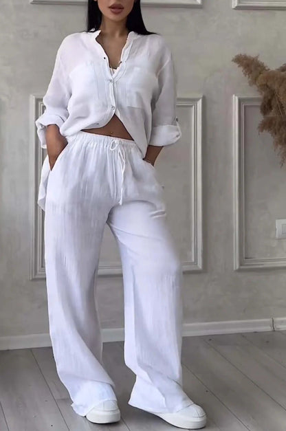 Wide-Leg Pants & Lace-Up Top Two-Piece Set – Solid Color, 12 Colors S–5XL FitiqueFit