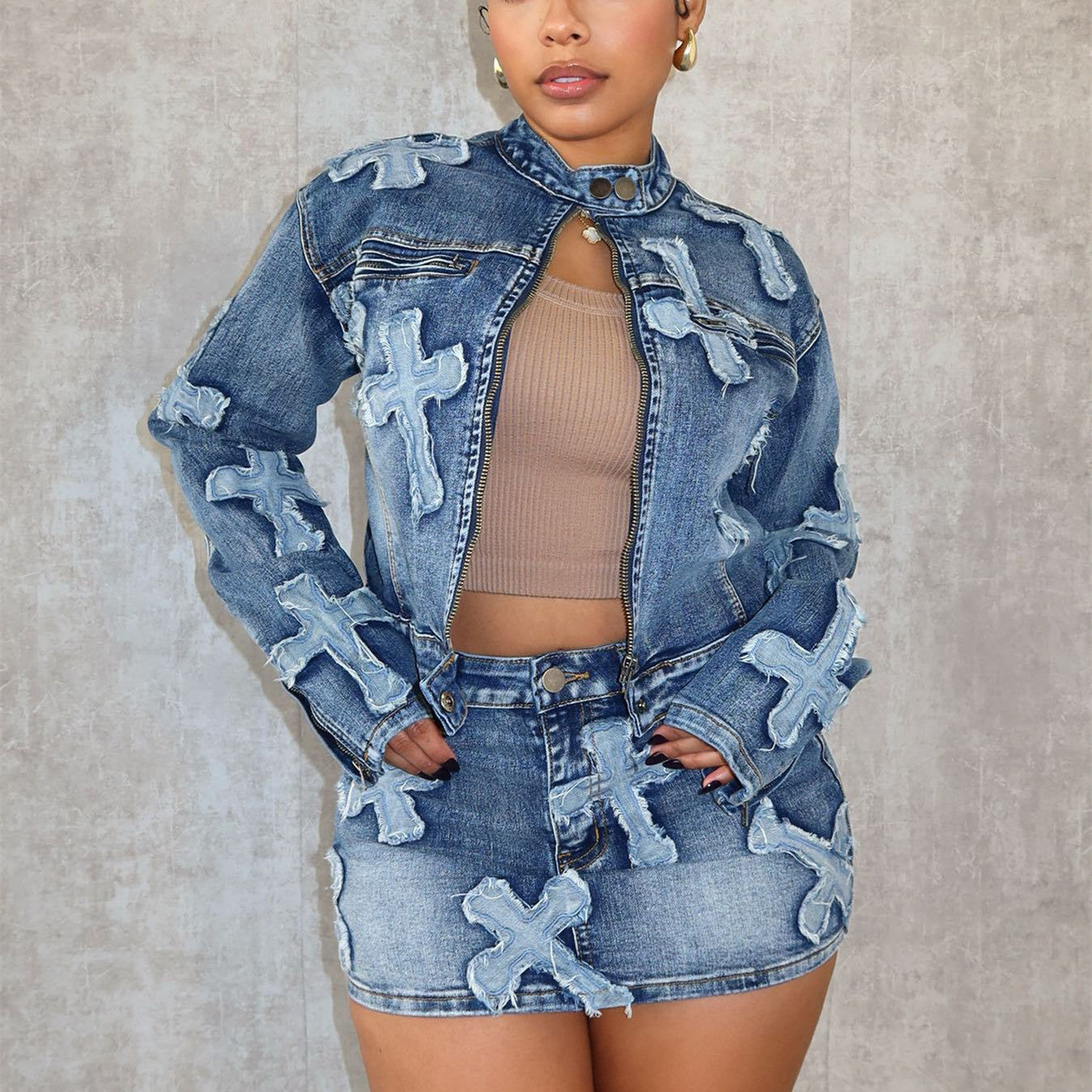 Denim Embroidered Short Skirt Jacket Suits Suit See size chart under “more details” The Fashion Celestial