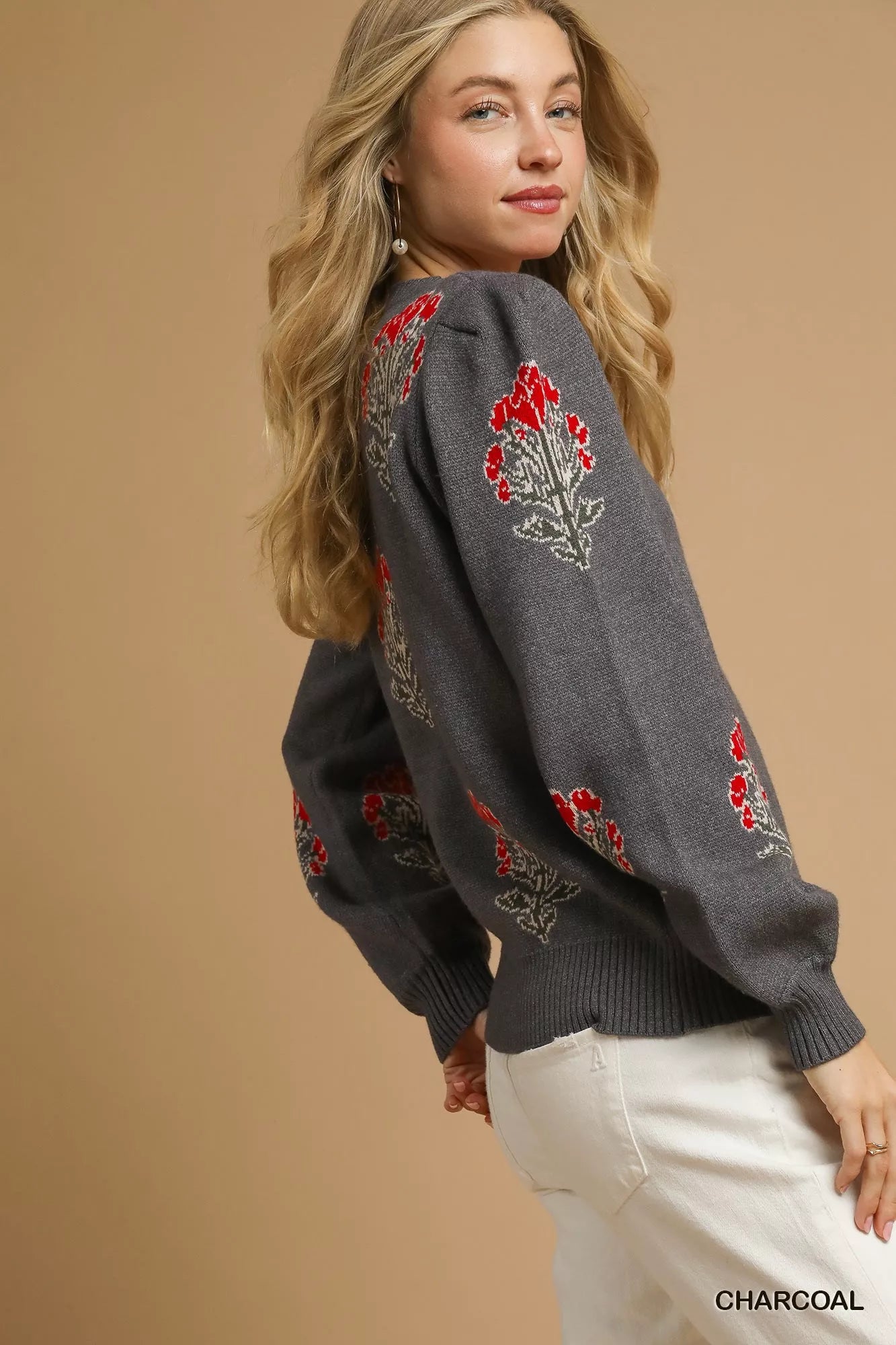 Umgee Single Flower Stem Jacquard Sweater FitiqueFit