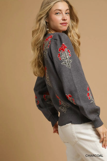 Umgee Single Flower Stem Jacquard Sweater FitiqueFit