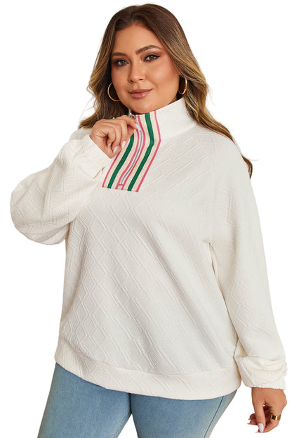 Beige Plus Size Rhombus Texture Contrast Striped Collar Baggy Sweatshirt Garden Naked Curves