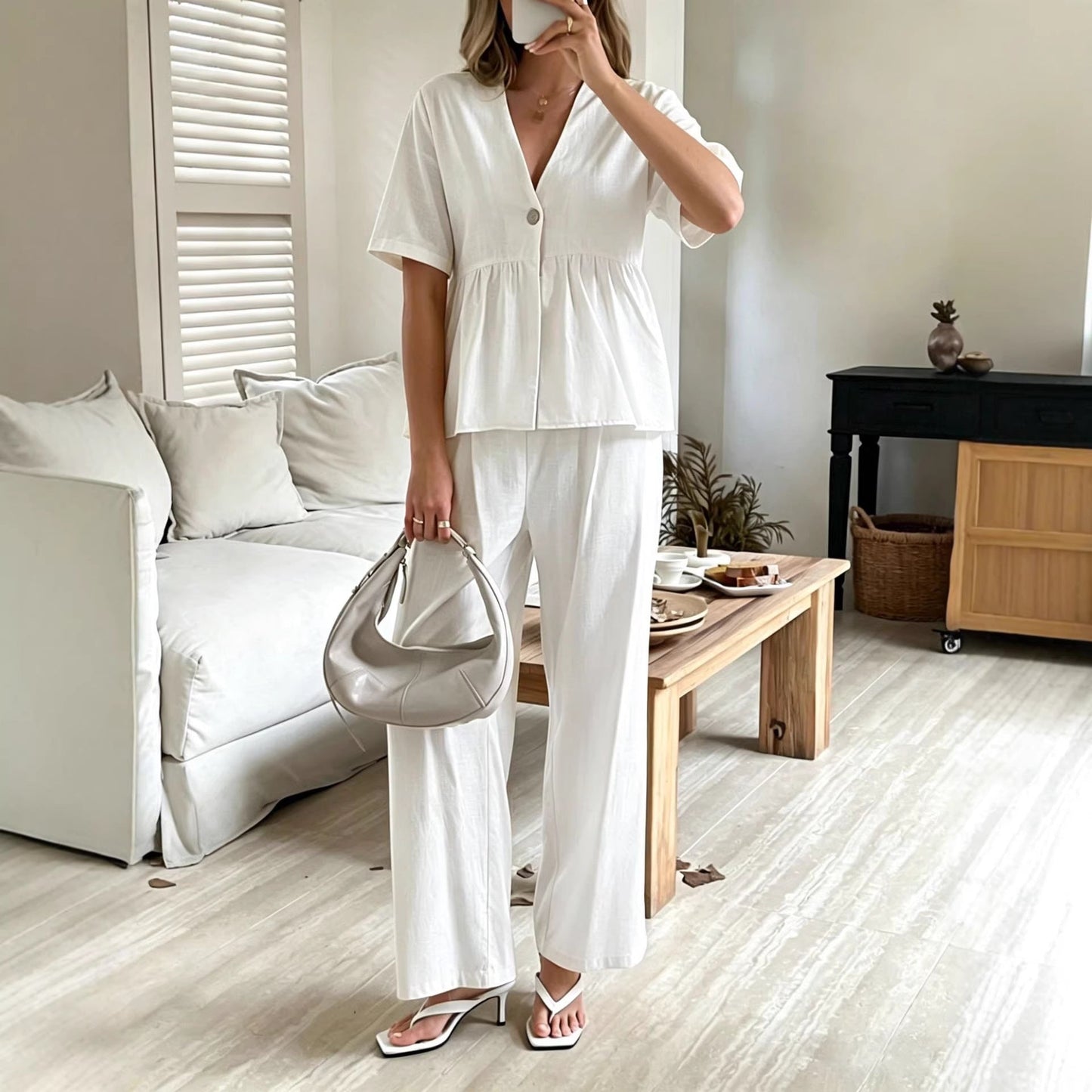 Women's V-Neck Loose Short-Sleeve Top & Wide-Leg Pants Set FitiqueFit