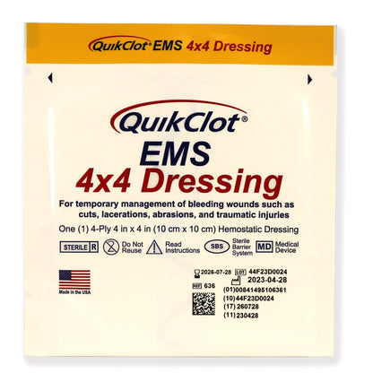 QuikClot EMS Dressing, 4" x 4" (10 cm x 10 cm) quakekits.com