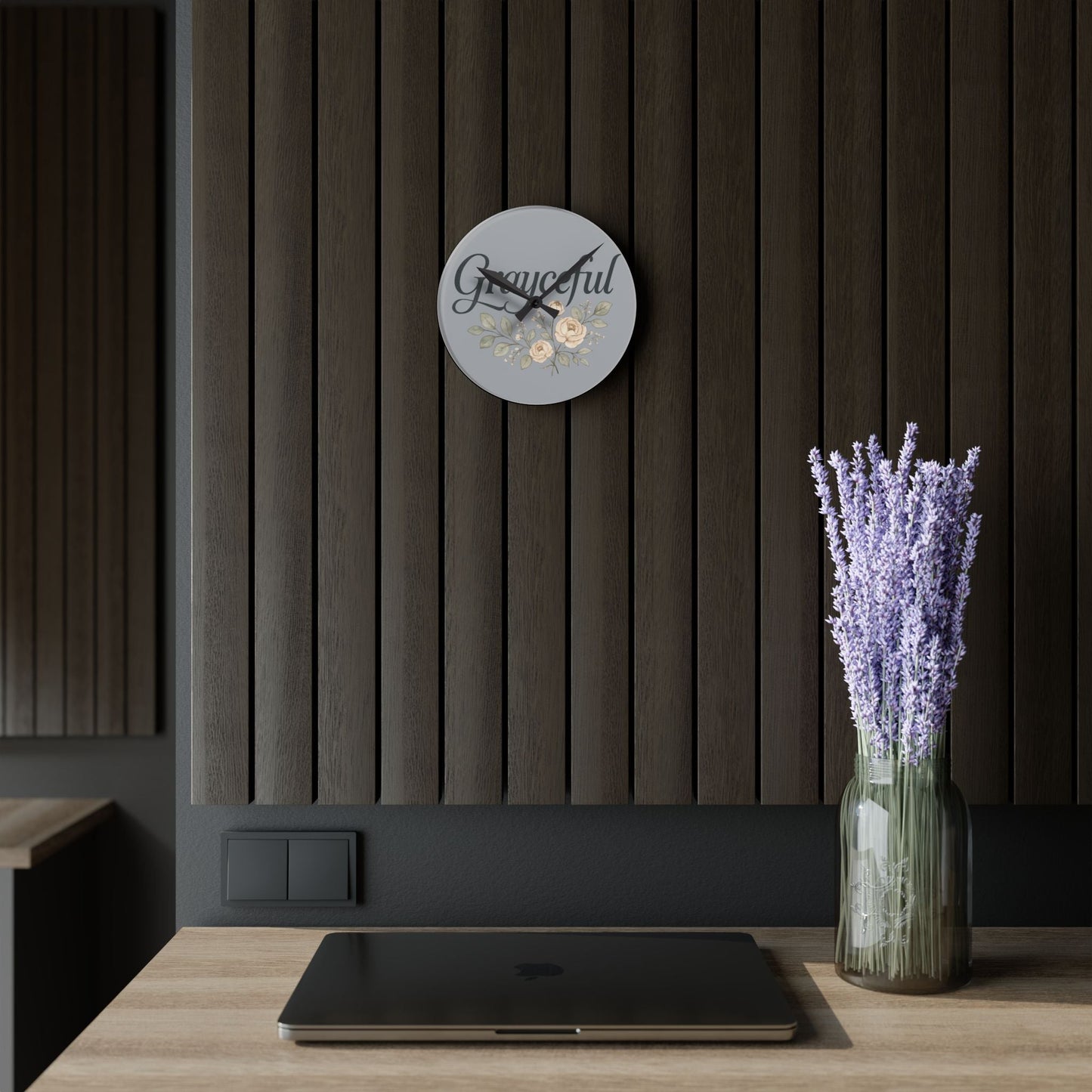 Gray Floral Acrylic Wall Clock, Grateful Home Decor, Modern Wall Art, Gift for Her, Office or Living Room Grayceful LLC