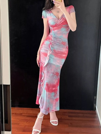 Tie-Dye Surplice Ruffle Slit Dress New Era Fashion LLc