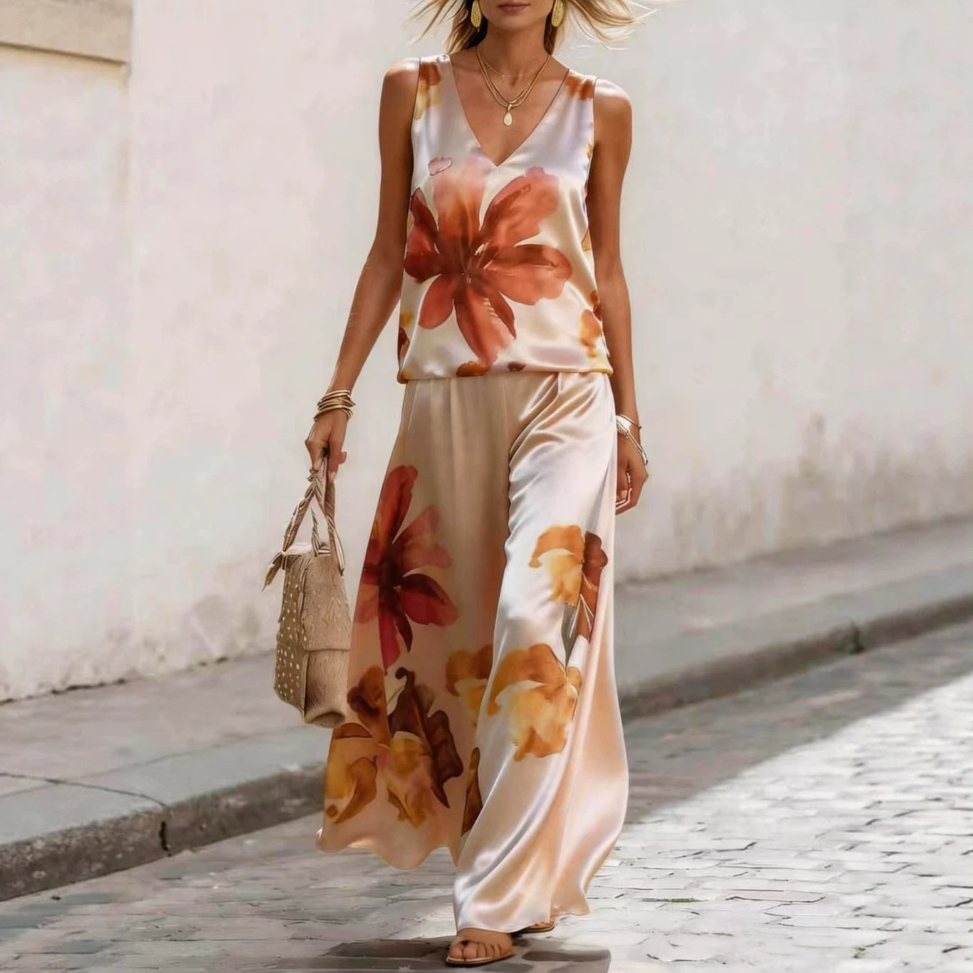 Women's Sleeveless Floral Printed Vest & Pants Two-Piece Set FitiqueFit