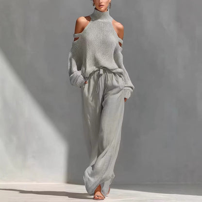 Women's Long-Sleeve Turtleneck Top & Pants Set – Elegant 2-Piece FitiqueFit