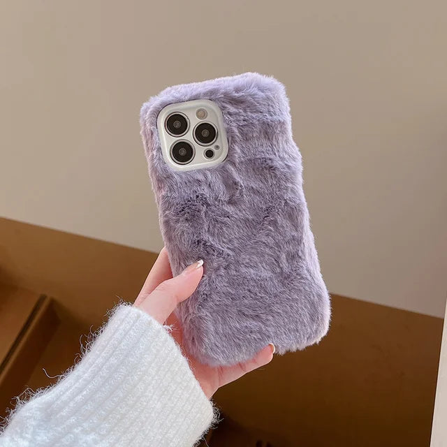 Ottwn Candy Color Warm Furry Phone Case For iPhone 11 12 13 Pro Max 14 Pro Max 14Plus Camera Lens Protection Soft TPU Back Cover