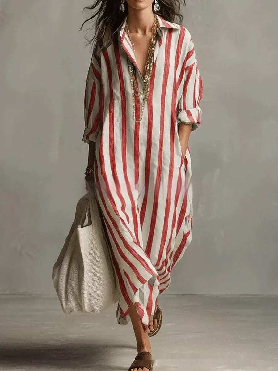 Striped Lapel Collar Dress – Side Slits & Pockets FitiqueFit