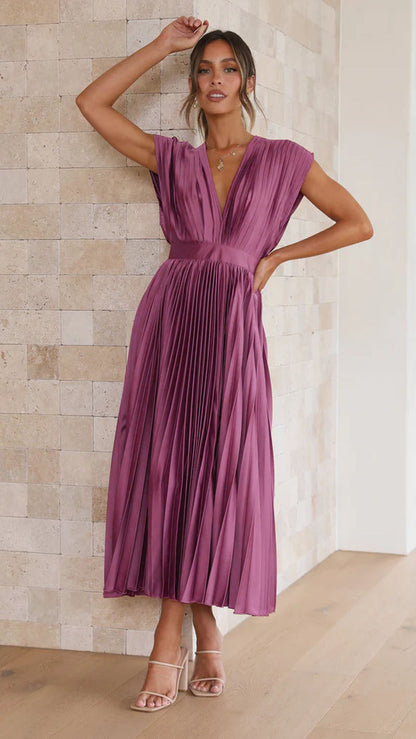 Elegant Pleated Casual Loose Zip Sleeveless Dress Grayceful LLC