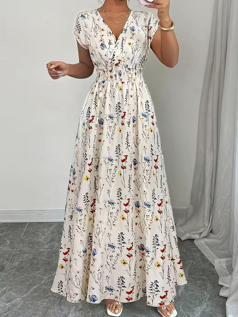 Women's V-Neck Floral Print A-Line Midi Dress – High Waist Sleeveless FitiqueFit