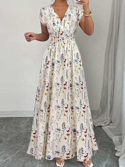 Women's V-Neck Floral Print A-Line Midi Dress – High Waist Sleeveless FitiqueFit