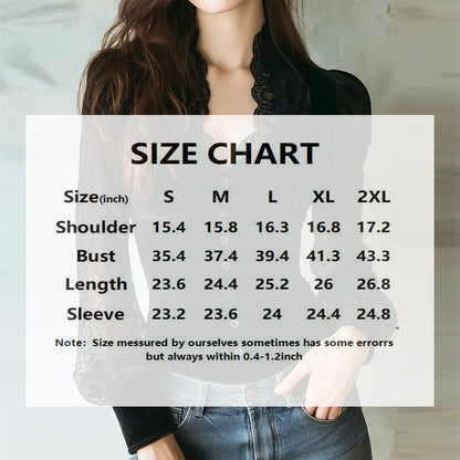 Women's Velvet & Lace Trim Top V-Neck Long Sleeve Blouse FitiqueFit