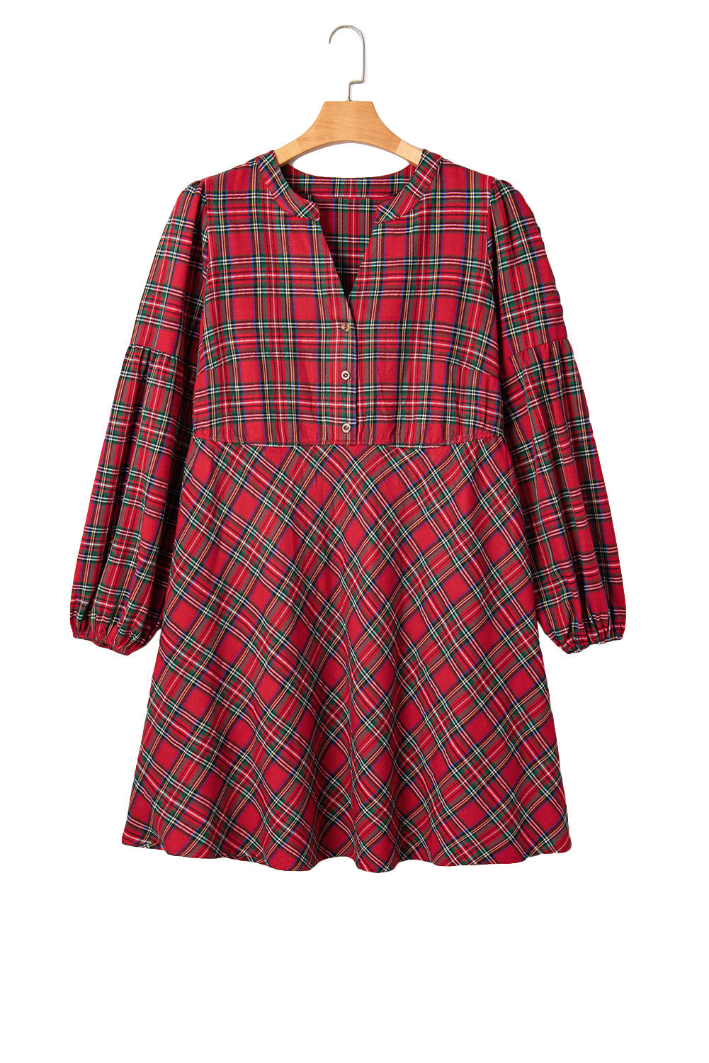 Red Plus Size Plaid Half Button Long Sleeve Holiday Dress Garden Naked Curves