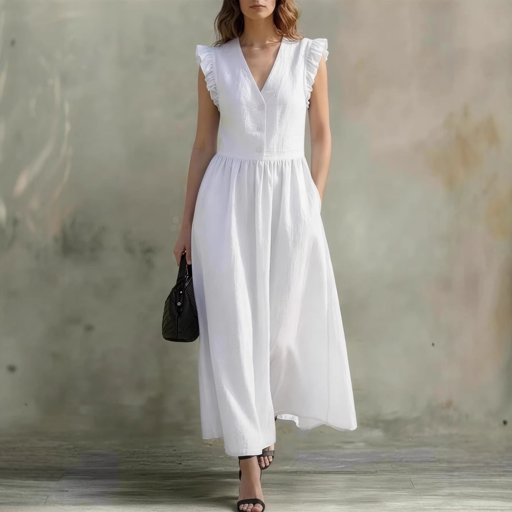 V-Neck Puff-Sleeve Dress with Pockets – Cotton Linen, 7 Colors FitiqueFit