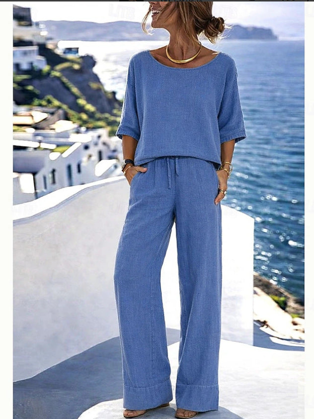 Women's Cotton Linen Resort Set – Short Sleeve Top & Wide-Leg Pants FitiqueFit