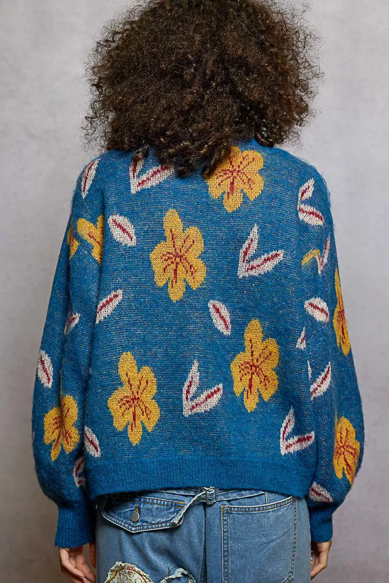POL Floral Pattern Round Neck Balloon-Sleeve Sweater FitiqueFit