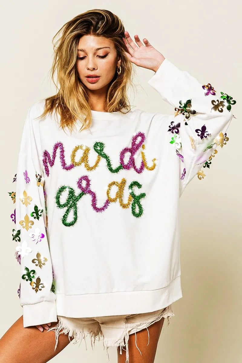 BiBi Fleur De Lis Sleeve Mardi Gras Pullover FitiqueFit